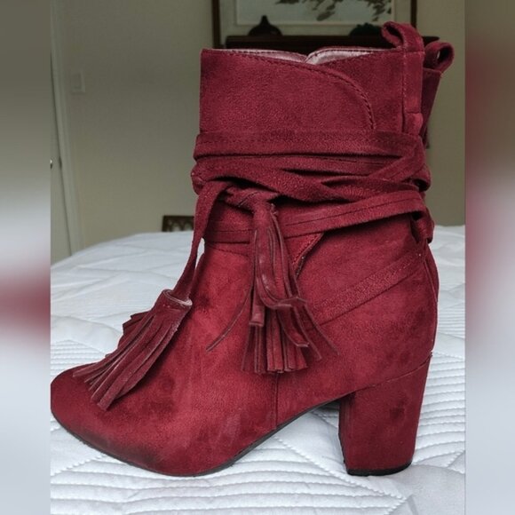 REFRESH Women's Faux Suede Almond Toe Tasseled Chunky Heeled Bootie Wine SZ 6 - Picture 5 of 11